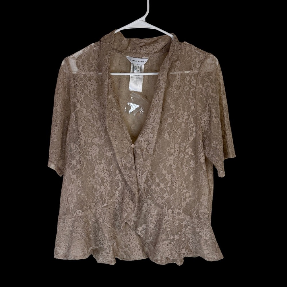 Susan Graver Stretch Knit Lace Shrug Women Medium Bleached Stone Peplum A691350